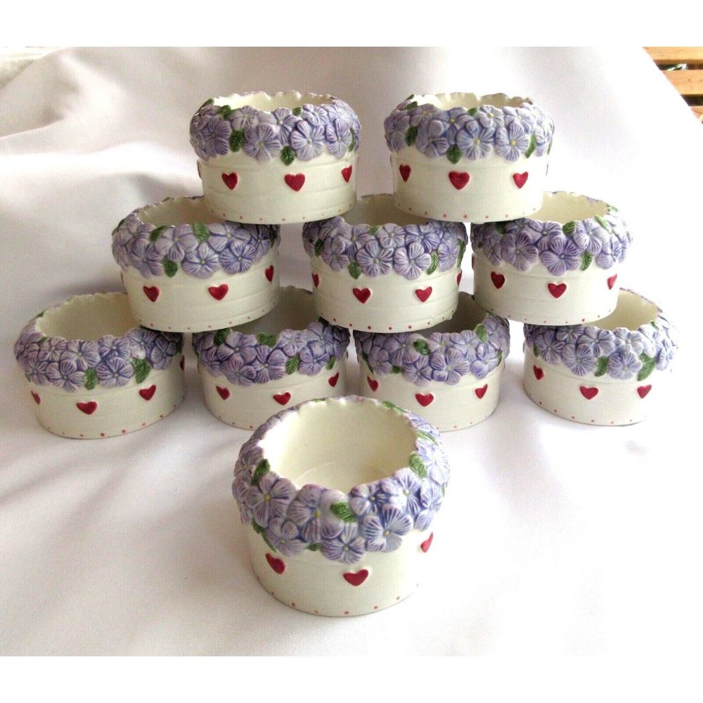 Lot Of 10 Yankee Candle Tealight Holders Garden Pot Blue Floral With Hearts NEW